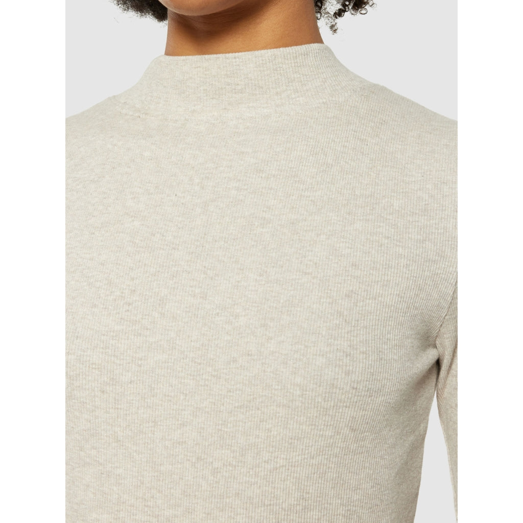 T-shirt basic côtelé à longue manches et col haut - grège
