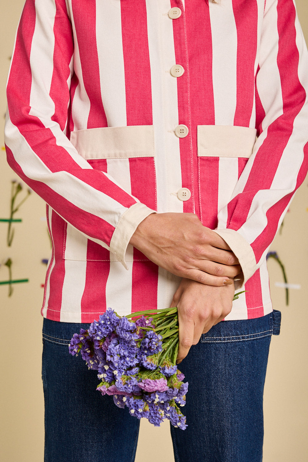 Veste REVIVRE - rayures roses/vanilles (empiècements bleu)