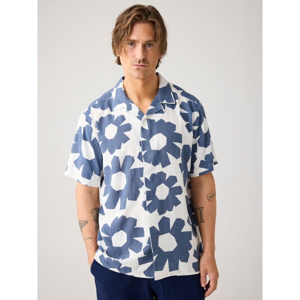 Chemise à manches courtes en lin - Fleurs Bleues