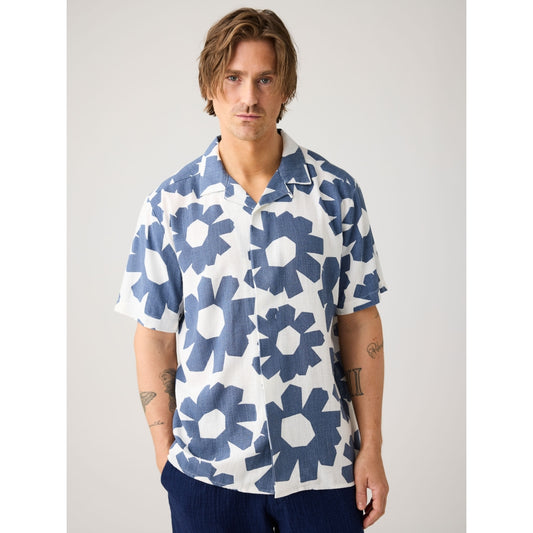 Chemise à manches courtes en lin - Fleurs Bleues