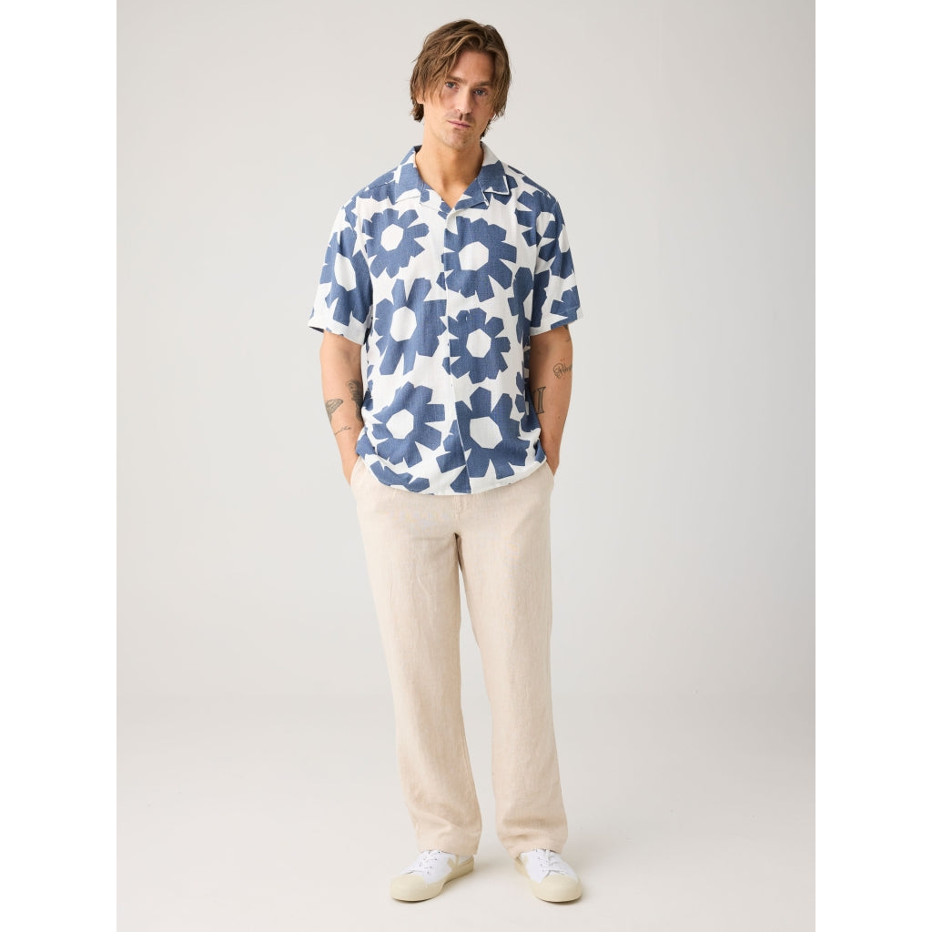 Chemise à manches courtes en lin - Fleurs Bleues