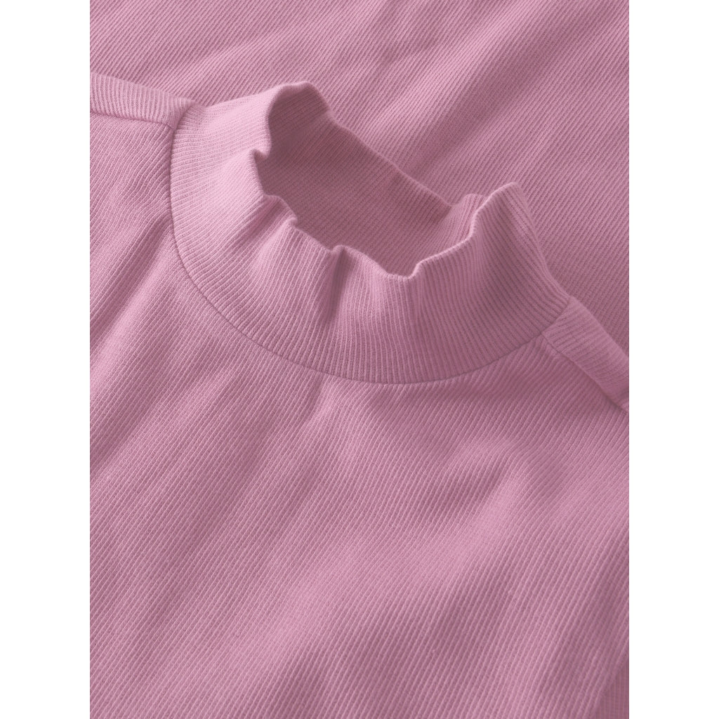 T-shirt basic côtelé à longue manches et col haut - Rose
