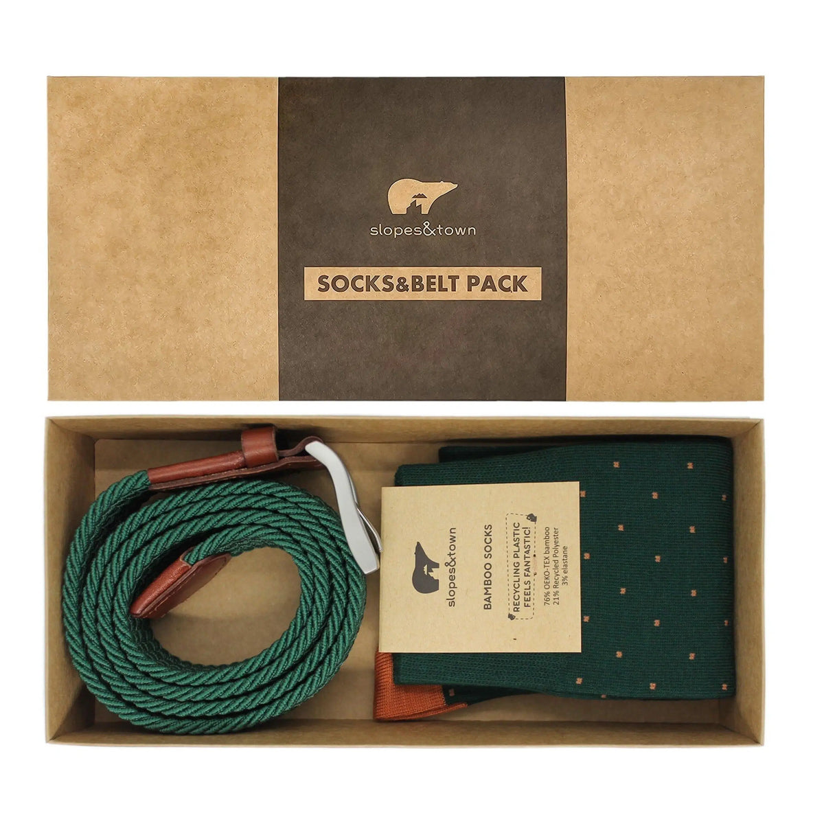 [Coffret cadeau] Ceinture KEVIN et chaussettes vertes sapins à pois oranges