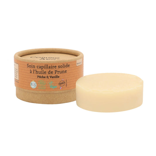 Soin capillaire à l'huile de prune - Pêche & Vanille (galet de 50gr)
